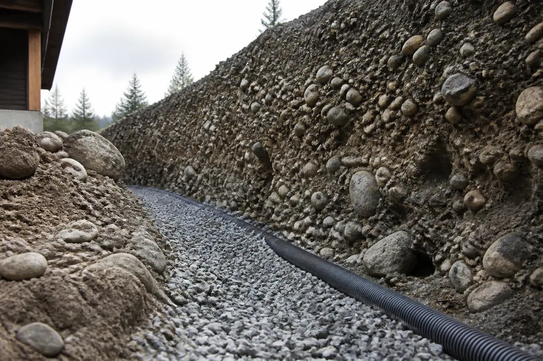 Excavated trench in coarse glacial gravel and cobbles with drainage rock at the base