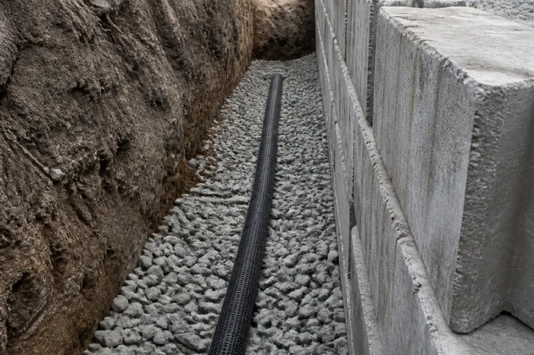 Perforated pipe and washed rock in the drainage trench behind a block wall