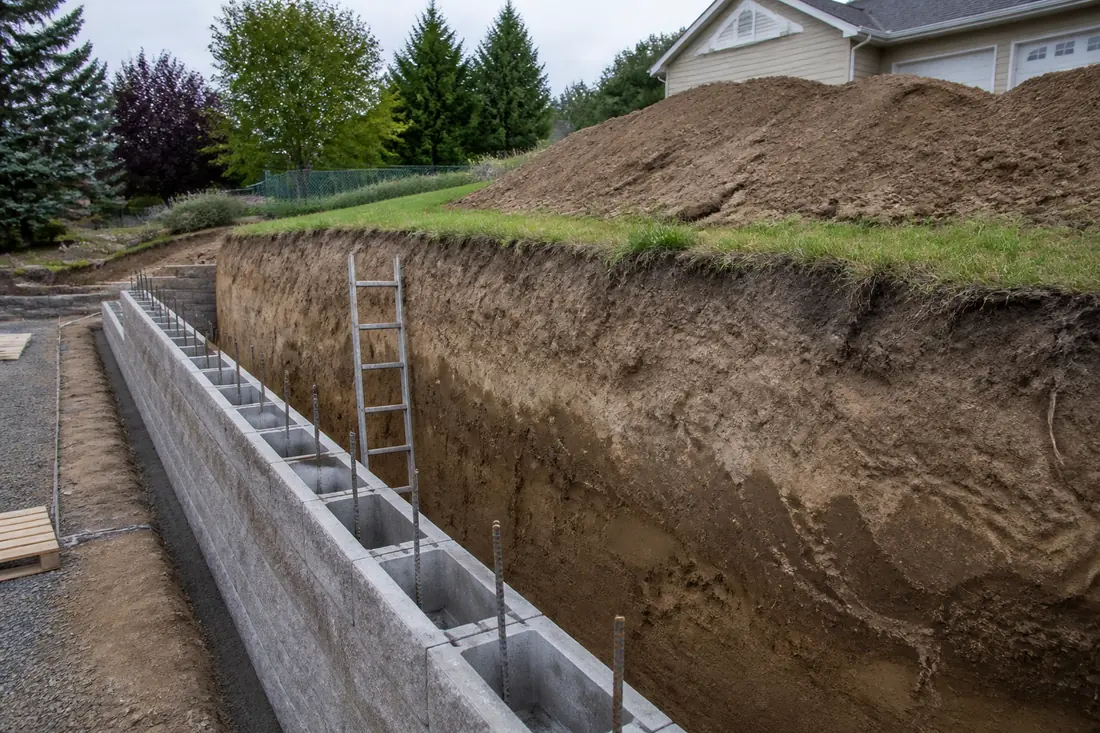 An open excavation behind a partly built block retaining wall with spoil set back from the edge